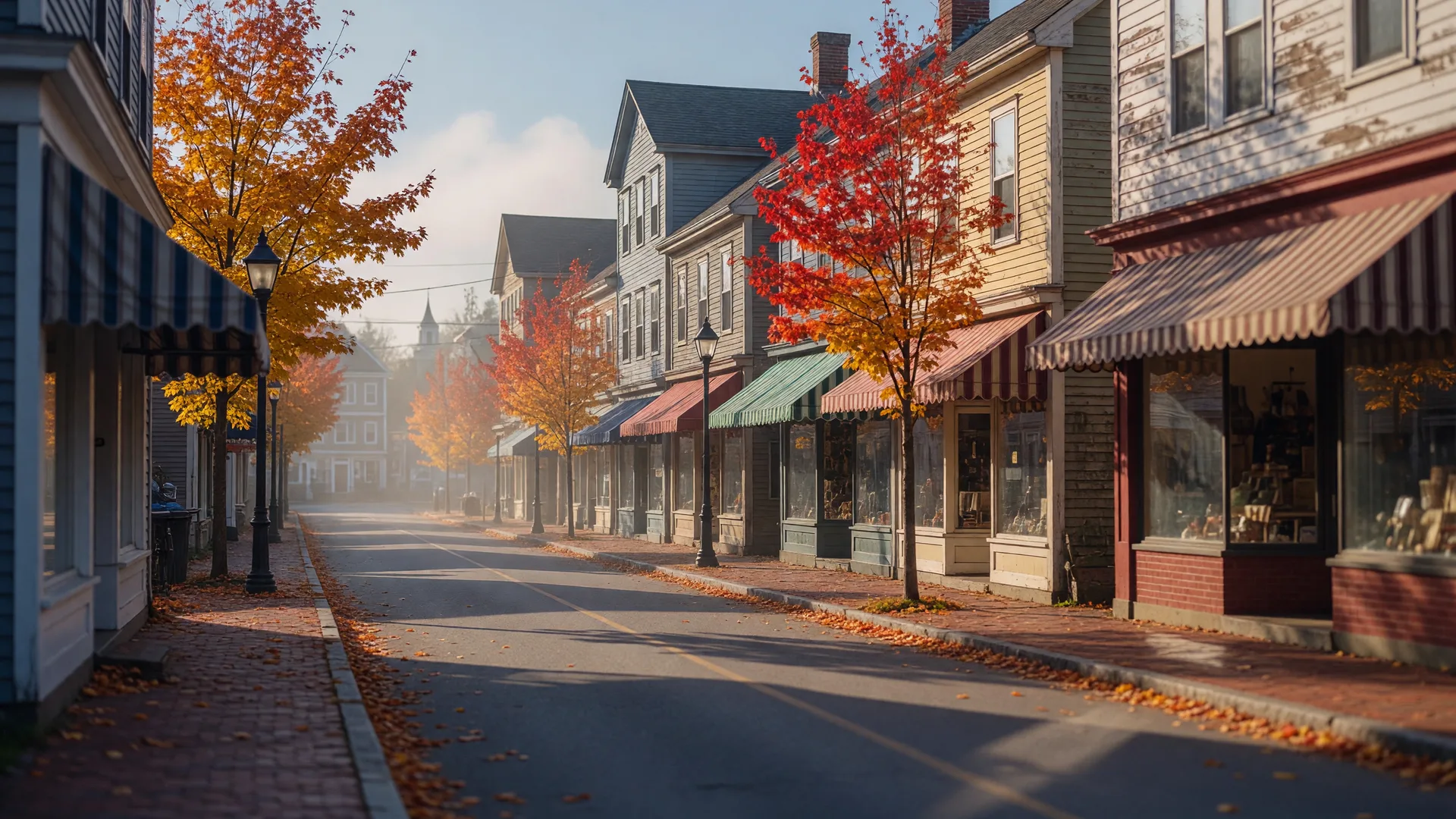 A charming New England main street downtown on the North Shore with shops, trees, and a café at street level, the hero image for this walkability guide