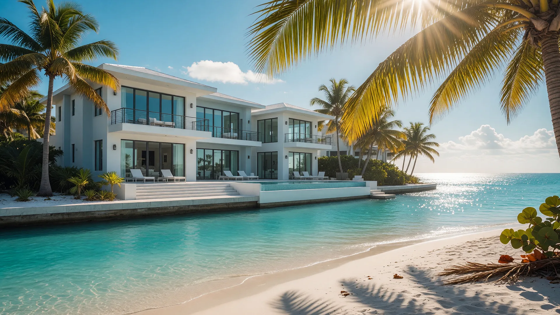 Bright Florida coastal waterfront home on a clear sunny morning