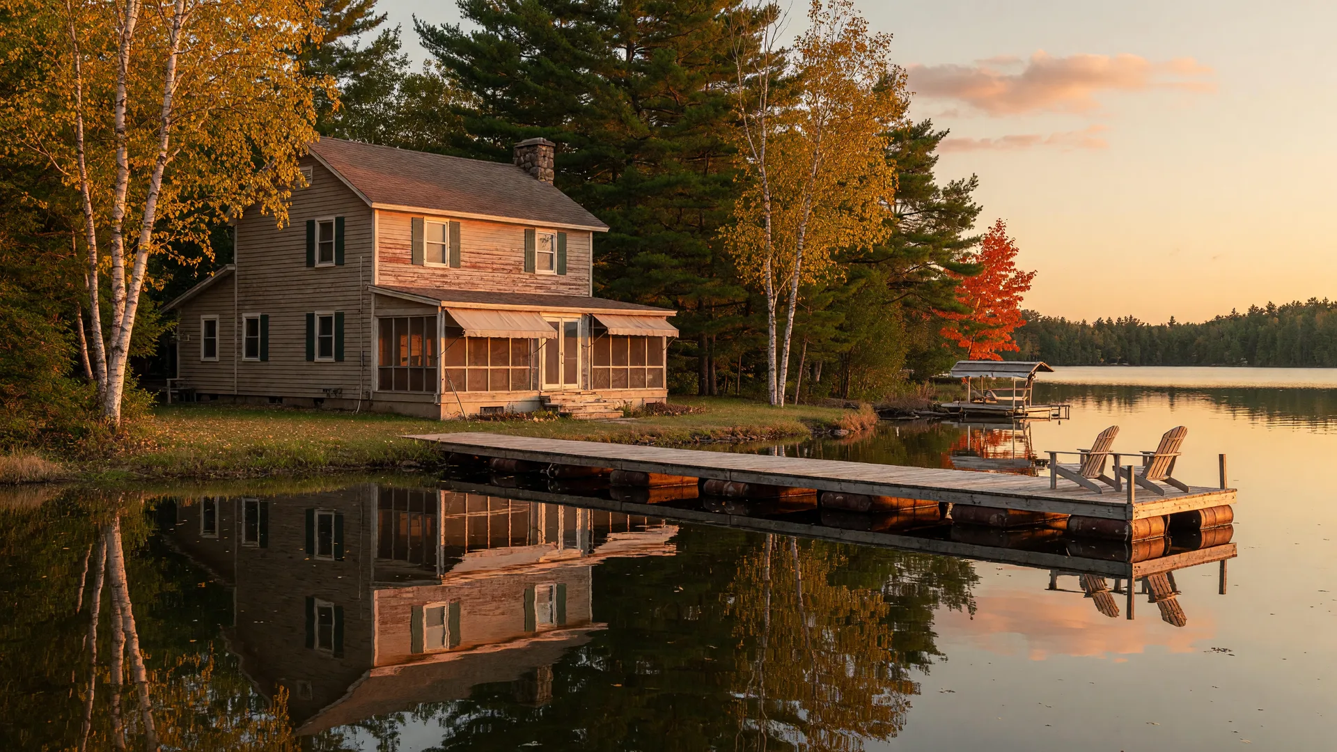 Cedar-sided Minnesota lake home on a Brainerd Lakes shoreline in golden early-autumn light