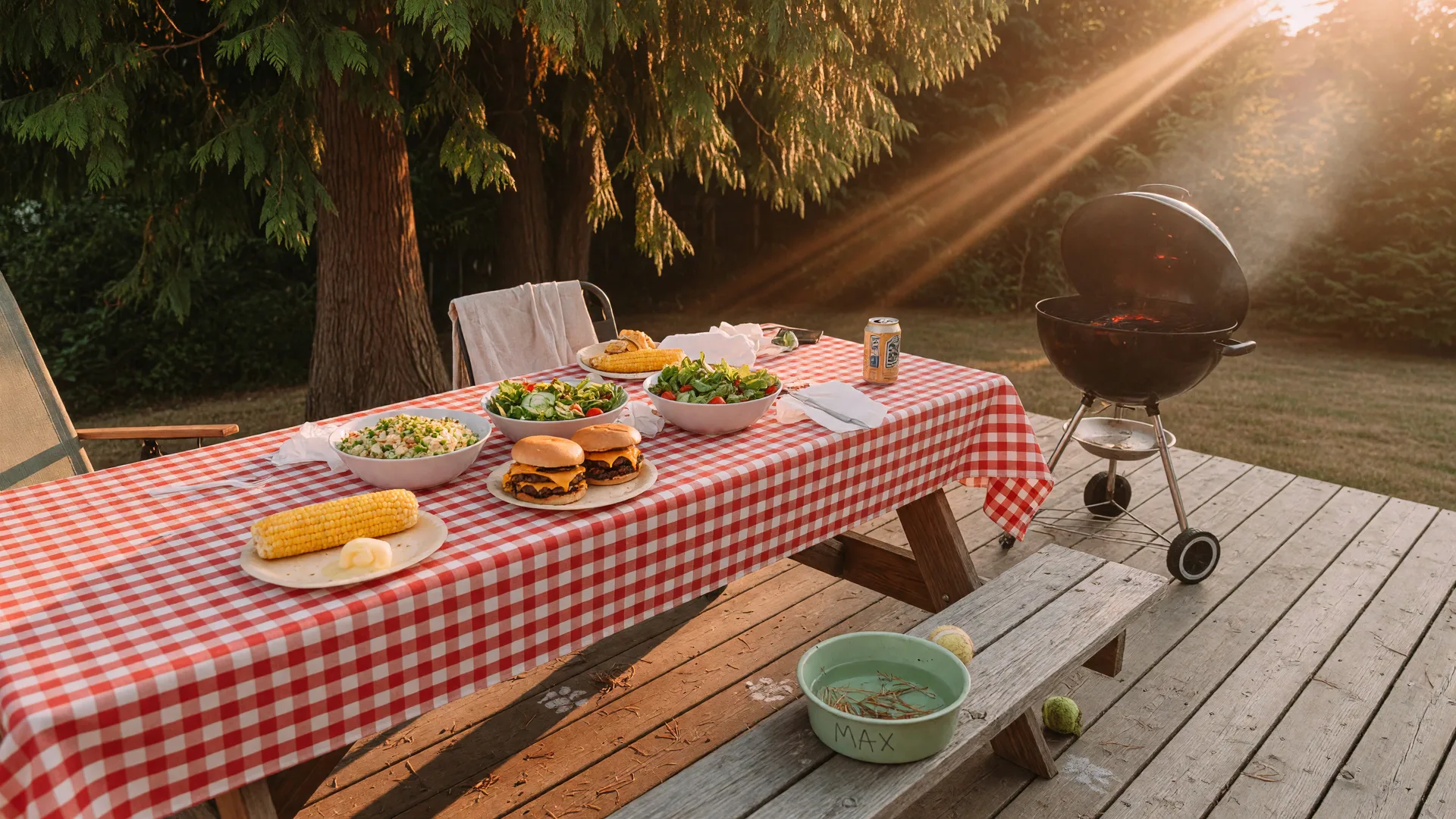 A late summer backyard barbecue in Greater Victoria with a red checkered tablecloth, barbecue food spread, and warm golden light filtering through trees