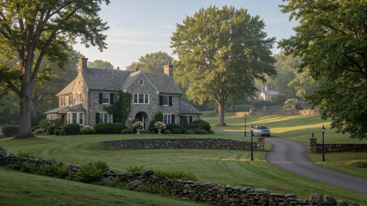 Gladwyne Pennsylvania estate home with grand stone architecture and rolling lawns