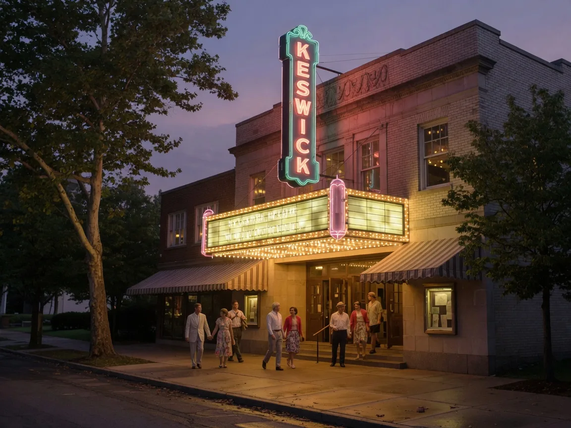 The historic Keswick Theatre in Glenside Pennsylvania on a dusky summer evening with its glowing marquee lit up and couples walking toward the entrance under the canopy