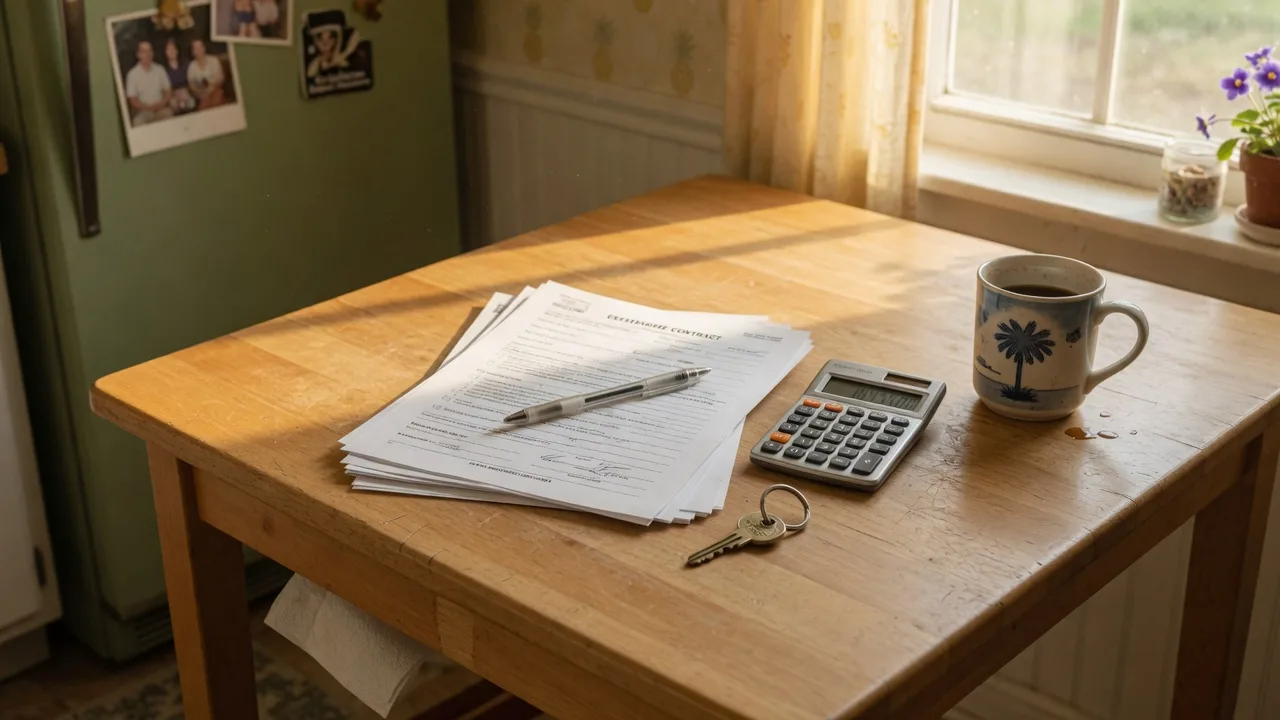 A purchase contract, calculator, house key, and coffee on a kitchen table in warm morning light, the costs a Midlands buyer brings to closing