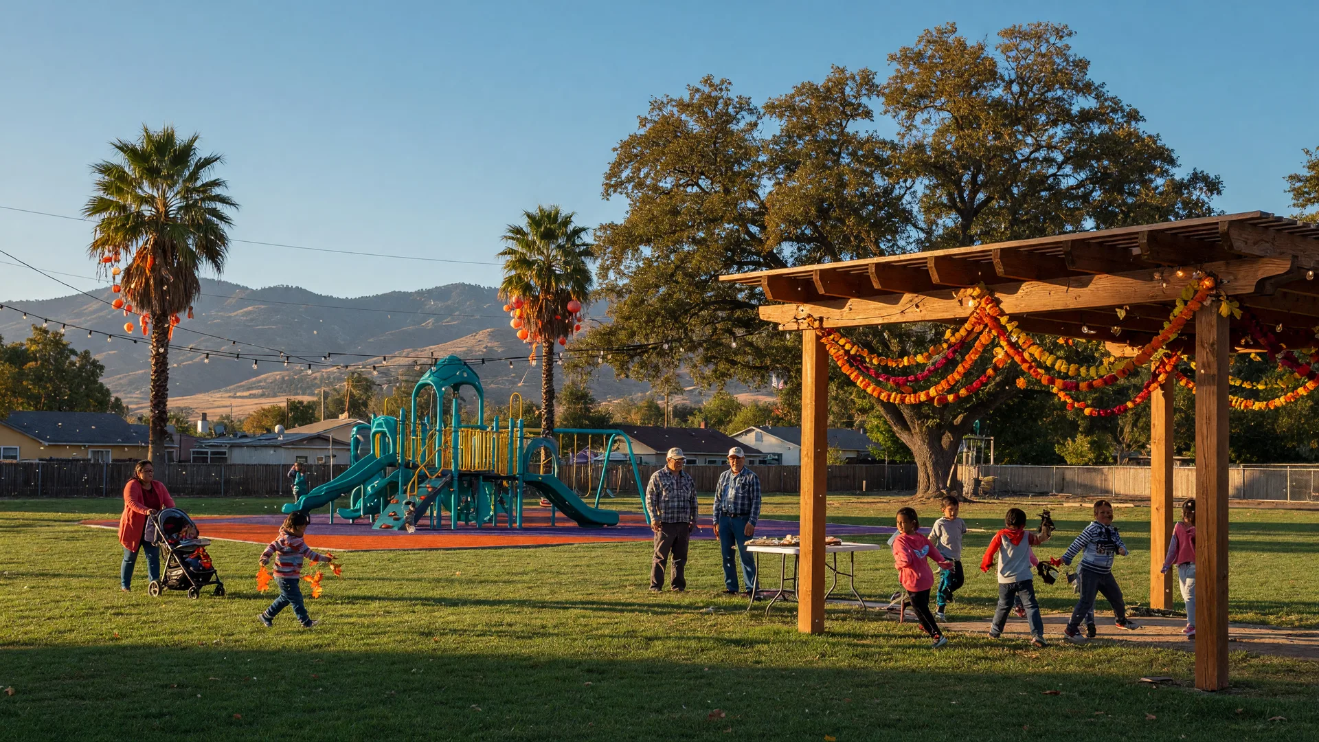 A community celebration in a new Central Valley neighborhood park on a clear mid-October afternoon, a colorful playground and covered arbor, families on a green lawn, string lights and autumn decorations between oak and palm trees, and the Sierra Nevada foothills on the horizon