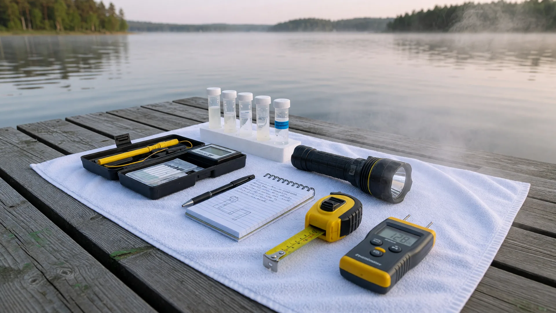 Home inspection tools on a dock at a Minnesota lake