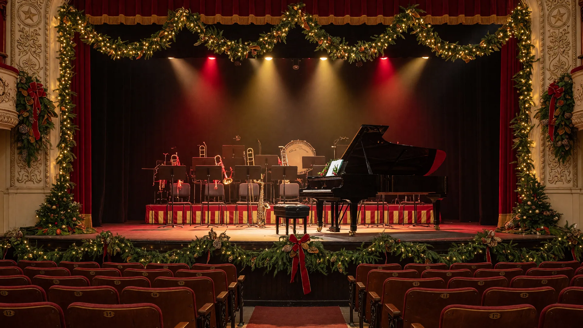 A historic Texas auditorium stage dressed for a Christmas concert with a grand piano, big band horns, and warm holiday lights