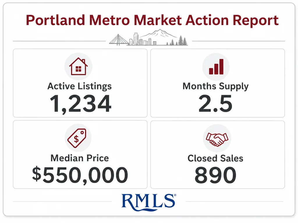 Portland Metro Market Action Report graphic showing active listings, months supply, median price, and closed sales data from RMLS