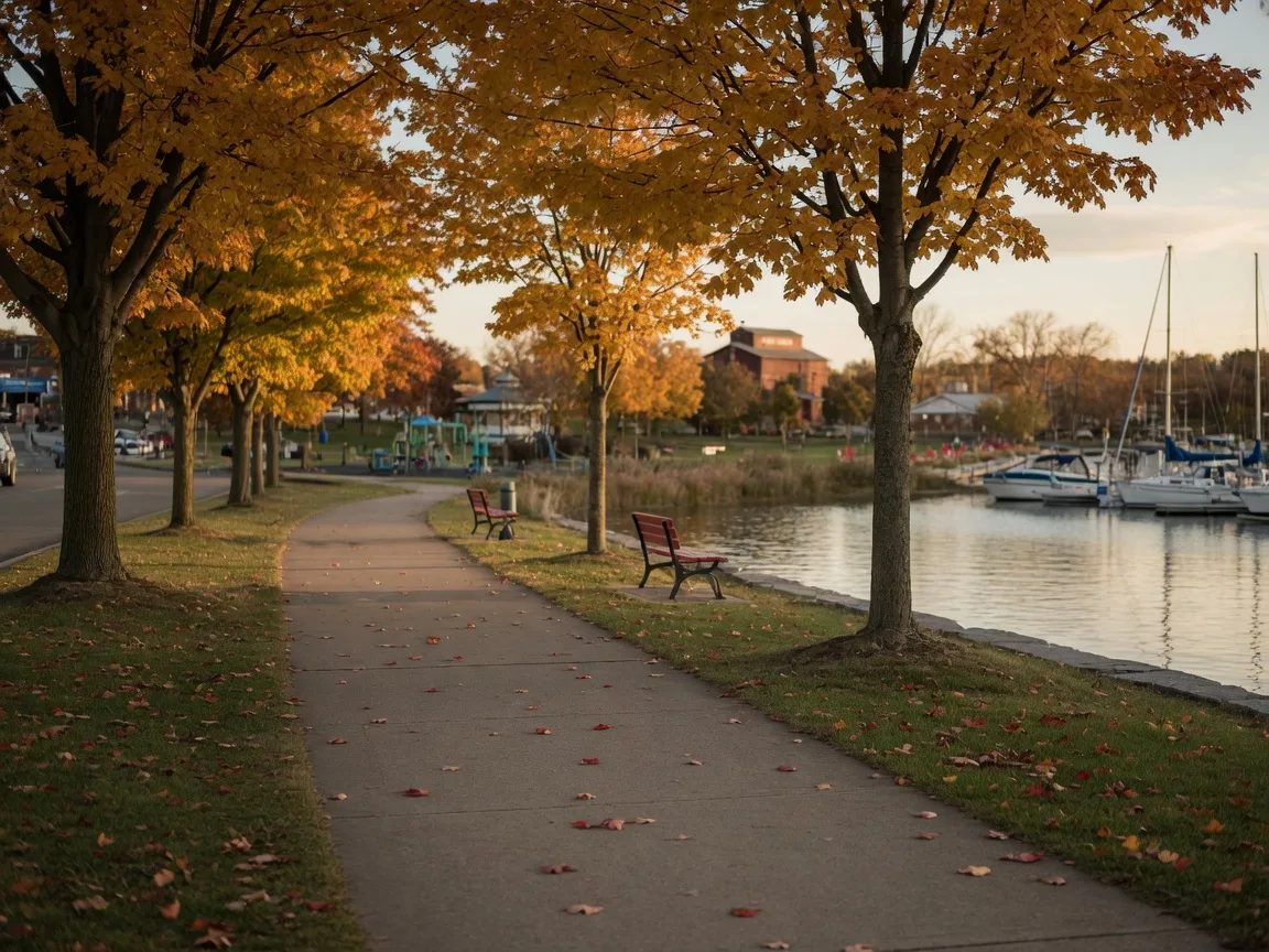 The paved Lake Scugog waterfront promenade in Port Perry winding through golden maples in autumn