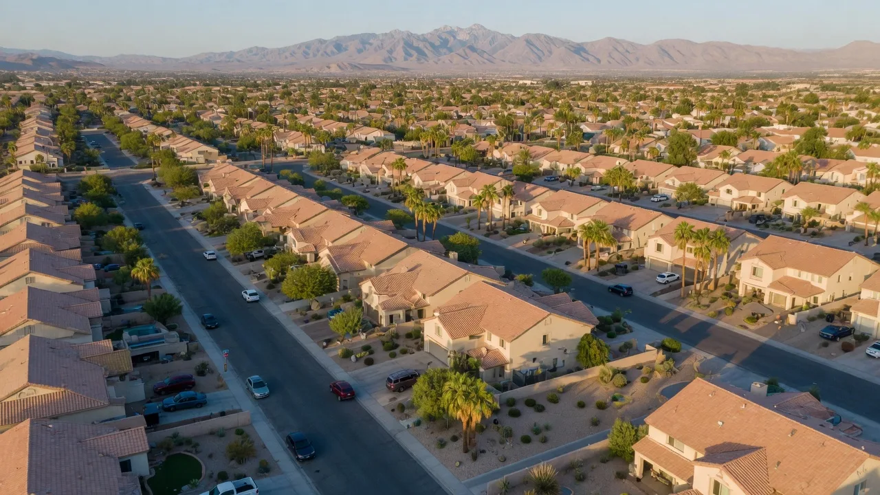 Aerial view of a suburban Las Vegas neighborhood with tile-roof homes, palm trees, and the Spring Mountain range on the horizon during late-summer afternoon light