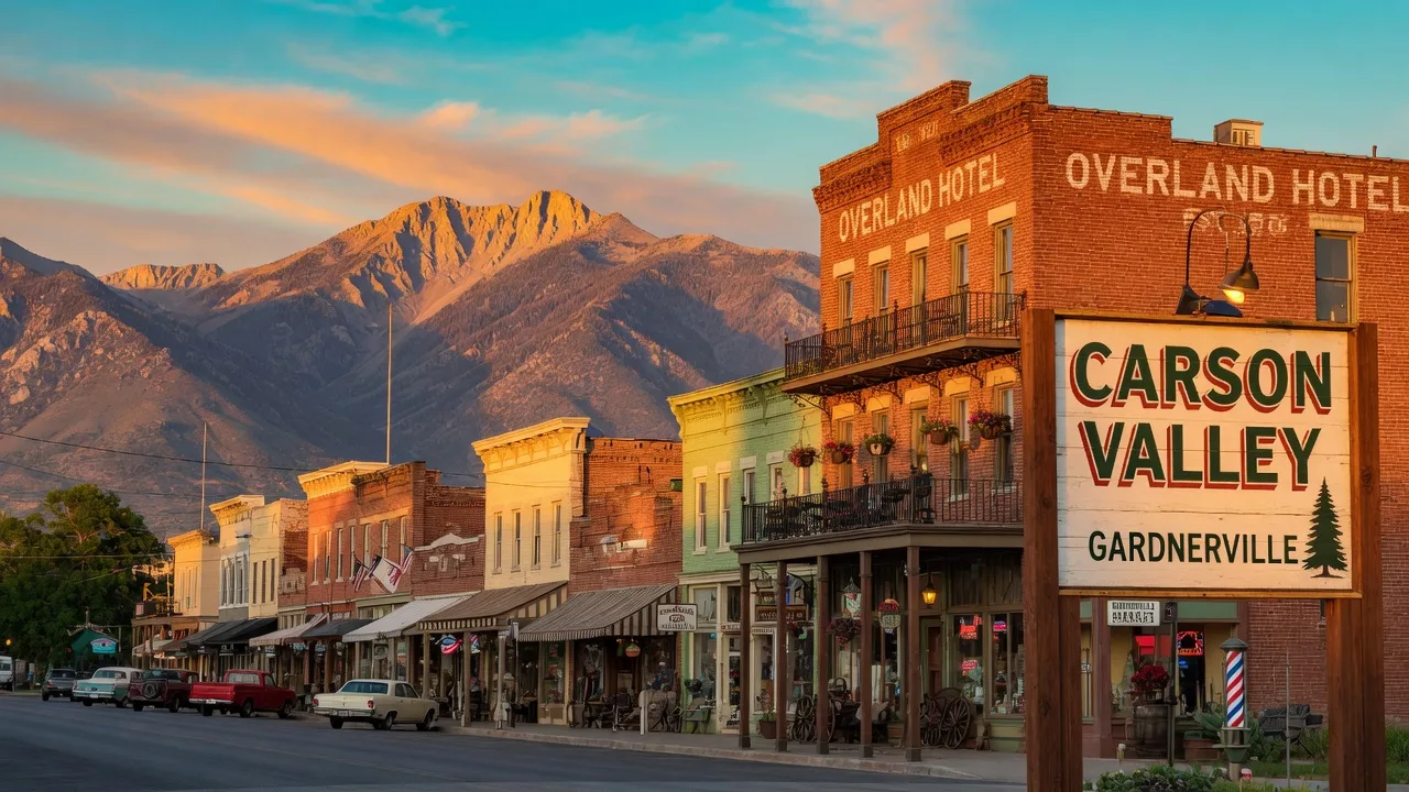 Historic Main Street in Gardnerville Nevada with mountain views