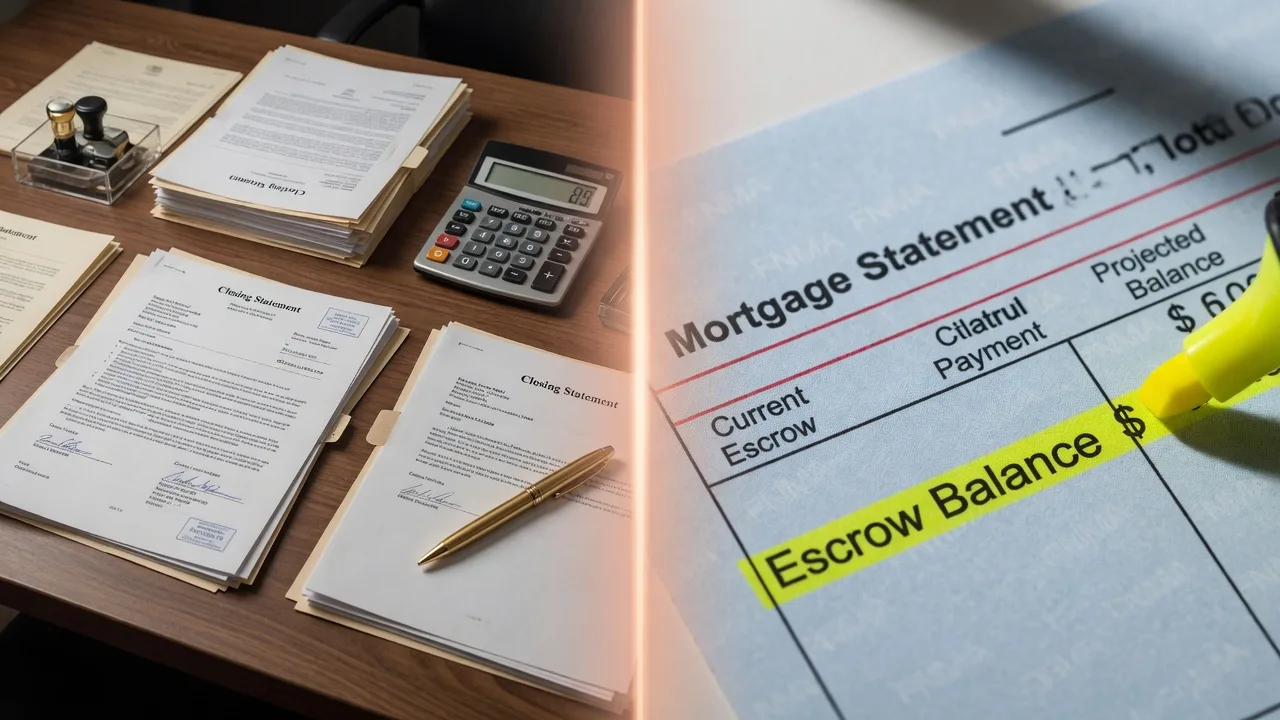 Split composition of a title company closing desk and a mortgage statement showing escrow balance