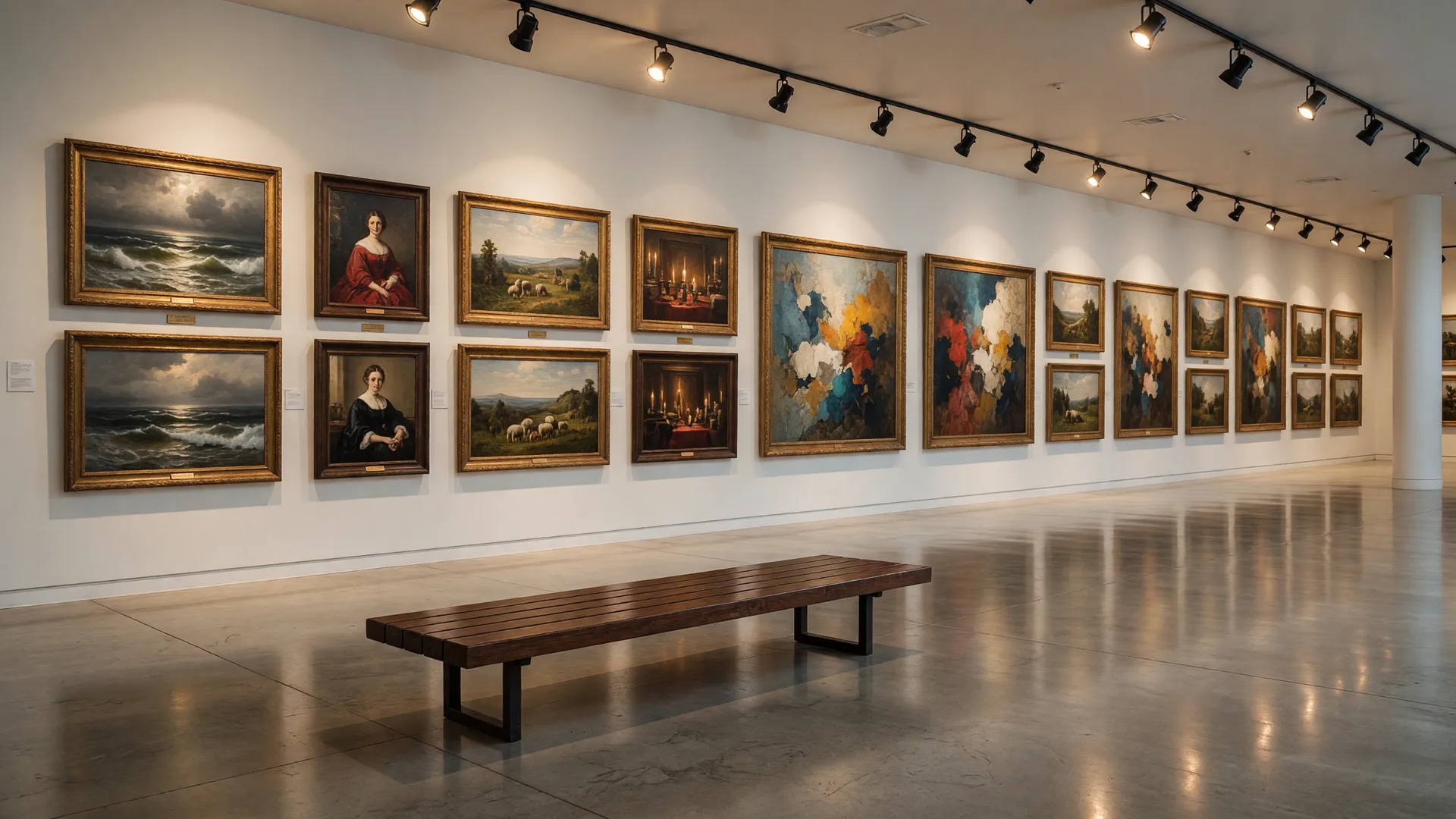 An elegant museum gallery with framed paintings on a white wall beneath warm track lighting
