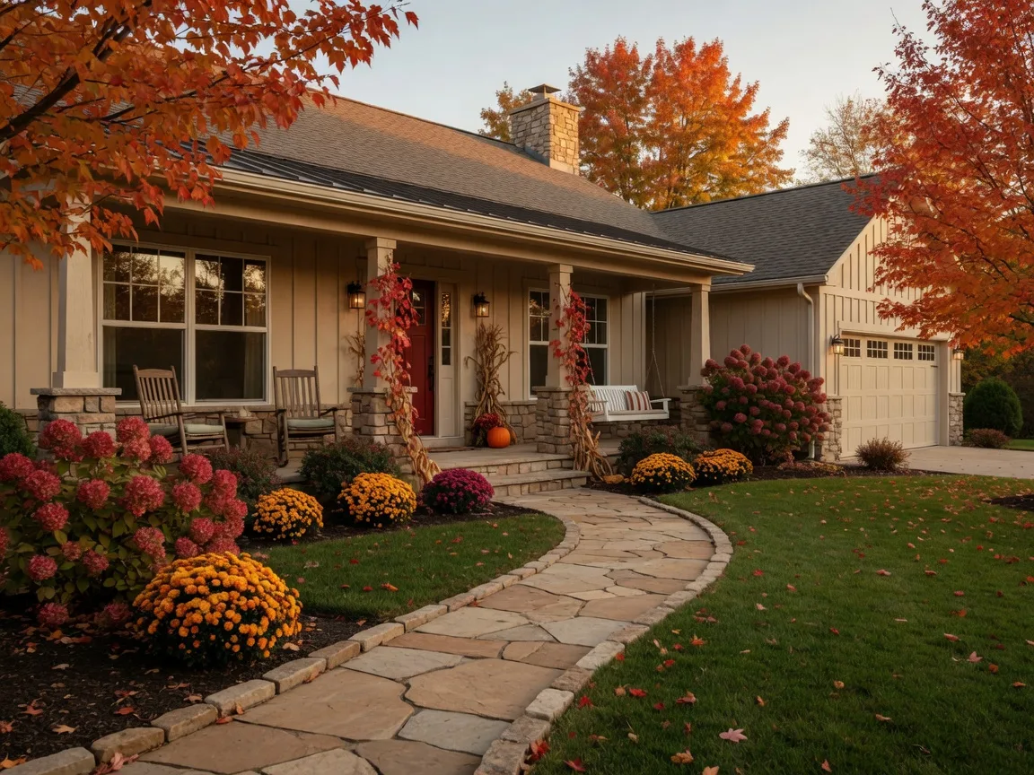 Beautifully landscaped ranch home with covered front porch, stone accents, and mature landscaping