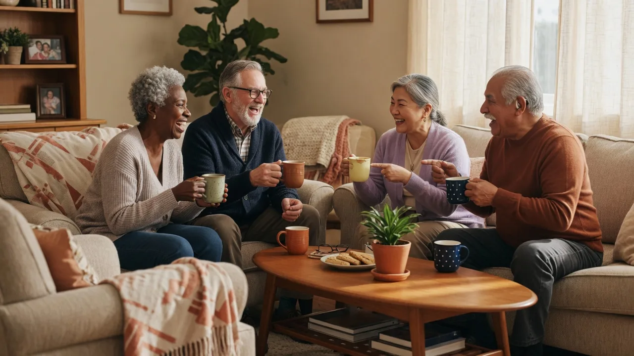 A diverse group of four older adults sitting together, laughing and holding mugs