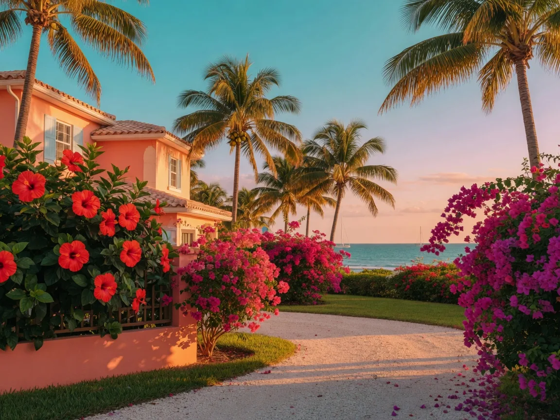 Tropical South Florida seasonal scene with palm trees and blooming flowers representing the best time to sell a Florida home