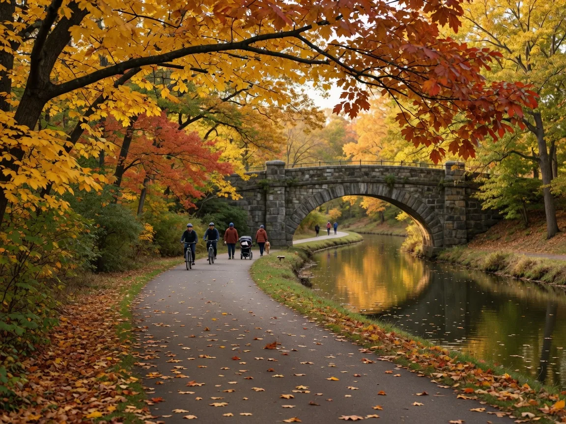 The Farmington Canal Heritage Trail in New Haven in late October, a paved path beside the calm canal under golden autumn trees with a stone footbridge