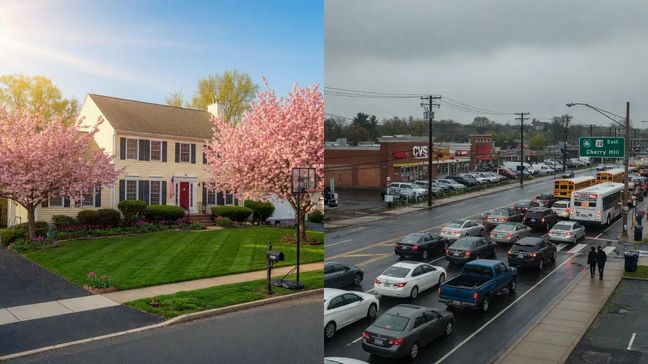 Split comparison of Cherry Hill suburban home life and traffic contrast