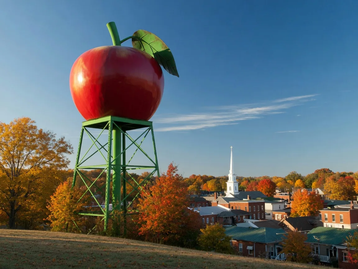 The Big Red Apple water tower standing above a North Georgia town in autumn