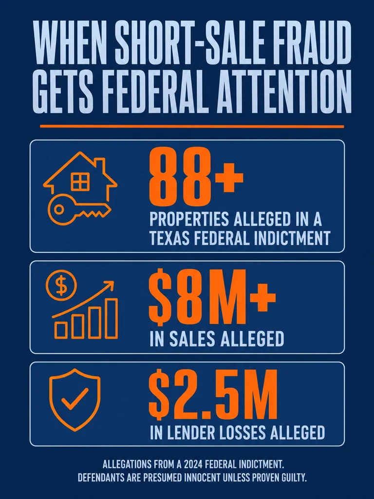 Federal short-sale fraud enforcement statistics: 88+ properties, $8M+ in sales, and $2.5M in lender losses alleged in a 2024 Texas federal indictment