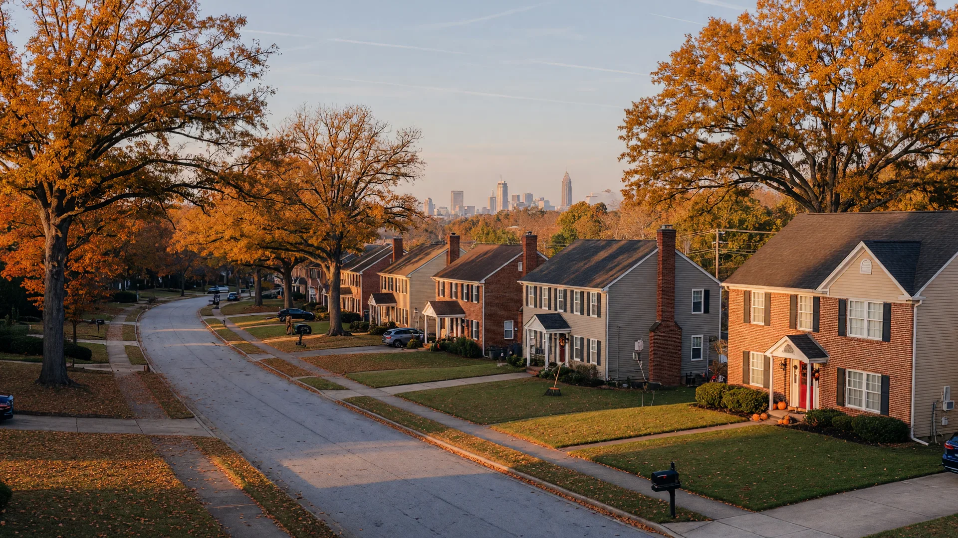 A tree-lined street of traditional brick and siding homes in metro Atlanta at golden hour in October, with autumn foliage and a hazy skyline on the horizon.