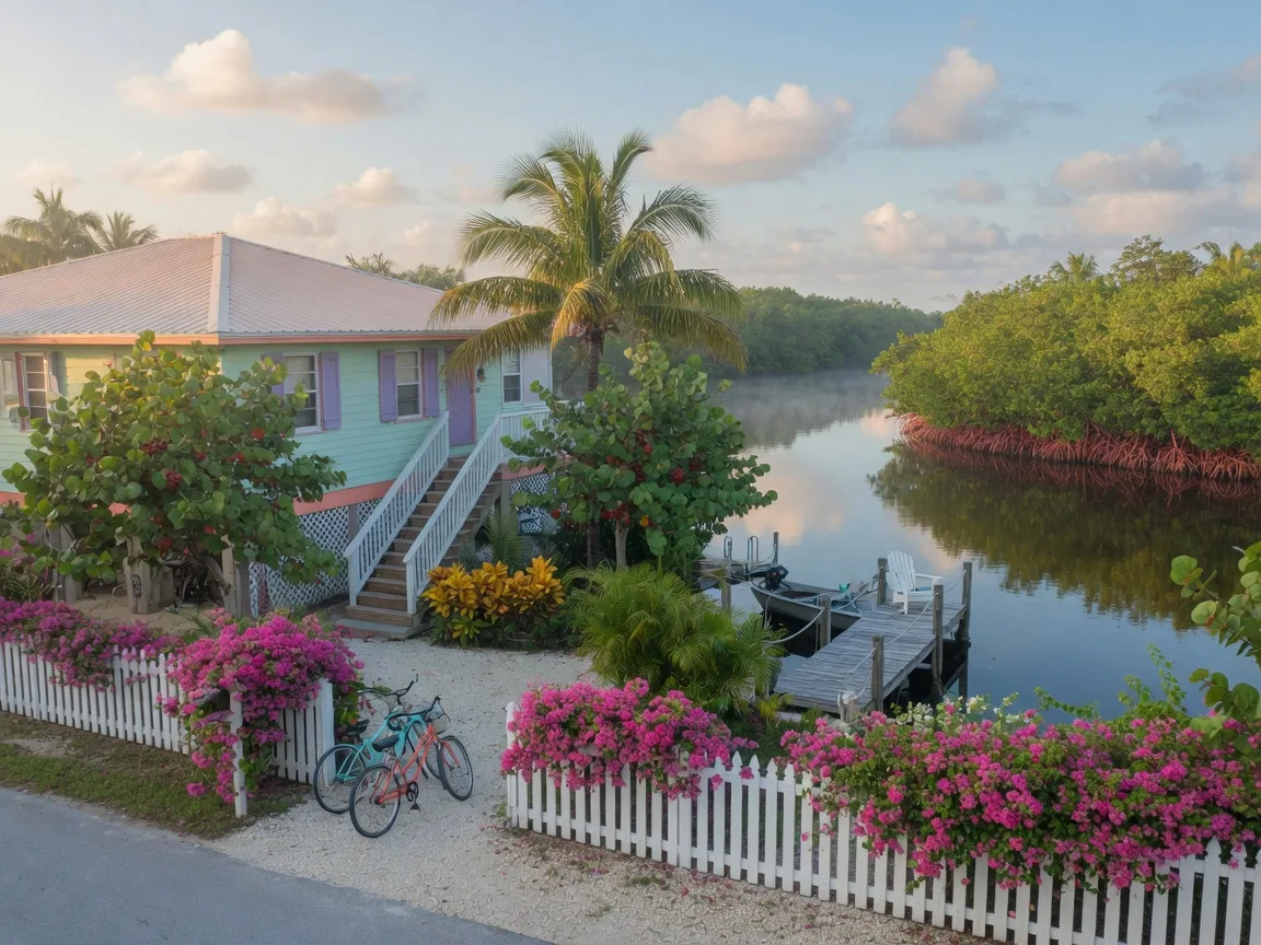 A quiet Florida Keys residential street on a clear spring morning, a white picket fence draped in pink bougainvillea in front of an elevated metal-roofed Keys home, bicycles by the front walk, a calm mangrove-lined canal with a small dock behind the house