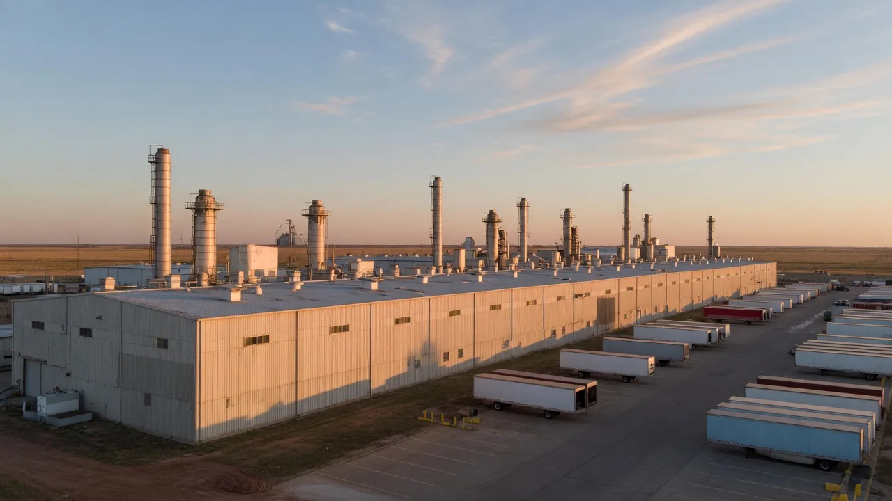 A large food processing plant on the flat Texas plains with corrugated metal walls, process stacks, and a logistics yard in warm late afternoon light