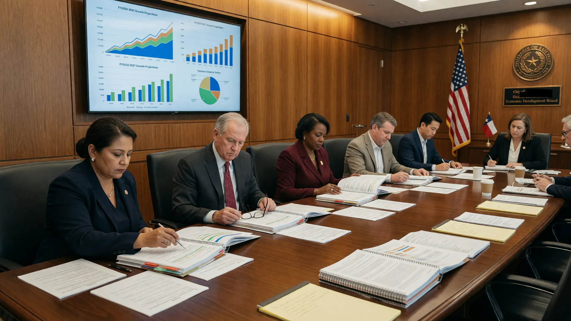 A city economic development board meeting with members at a long conference table reviewing budget documents beside a screen showing financial charts