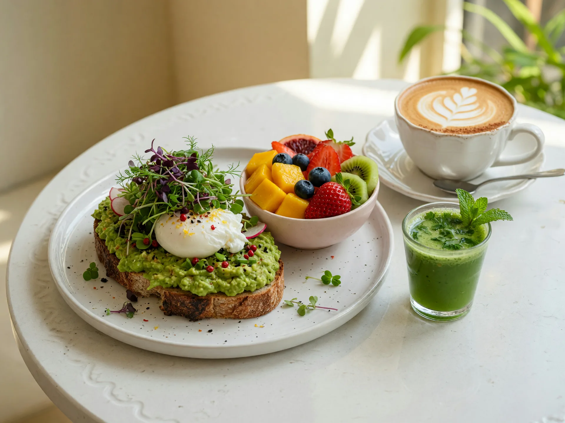 A bright mindful brunch plate at Fleur de Lis in Braselton Georgia: avocado toast with poached egg, a bowl of seasonal fruit, pressed juice, and a latte