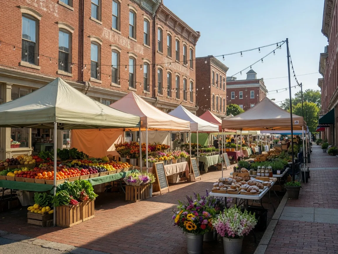 A sunny farmers market along Old Town Manassas's brick main street, with canvas tents, produce, and string lights