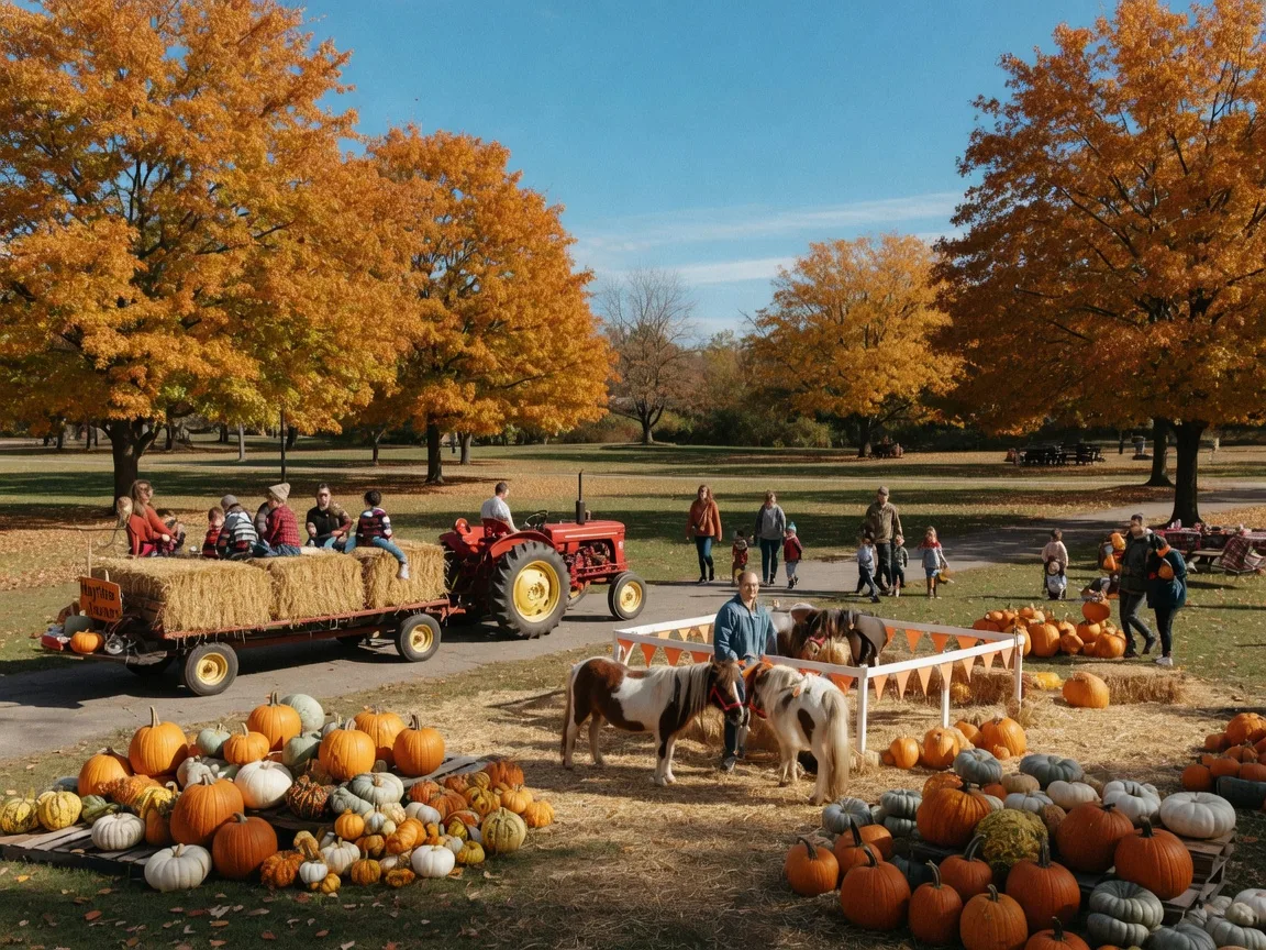 A tractor-pulled hayride wagon with hay bales, pony rides, and piles of pumpkins at a sunny park fall festival
