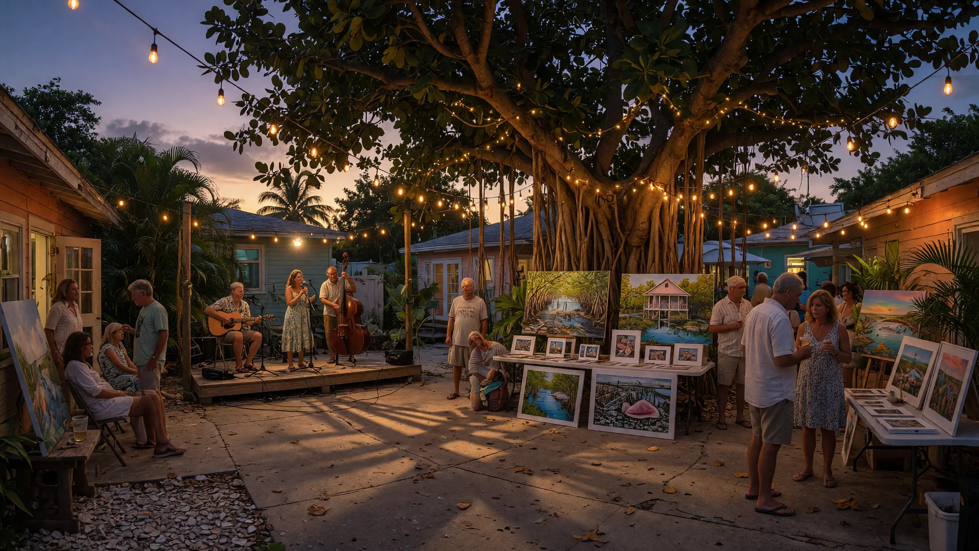 Evening art walk in the Upper Florida Keys with guests browsing local art under a banyan tree with warm string lights at twilight