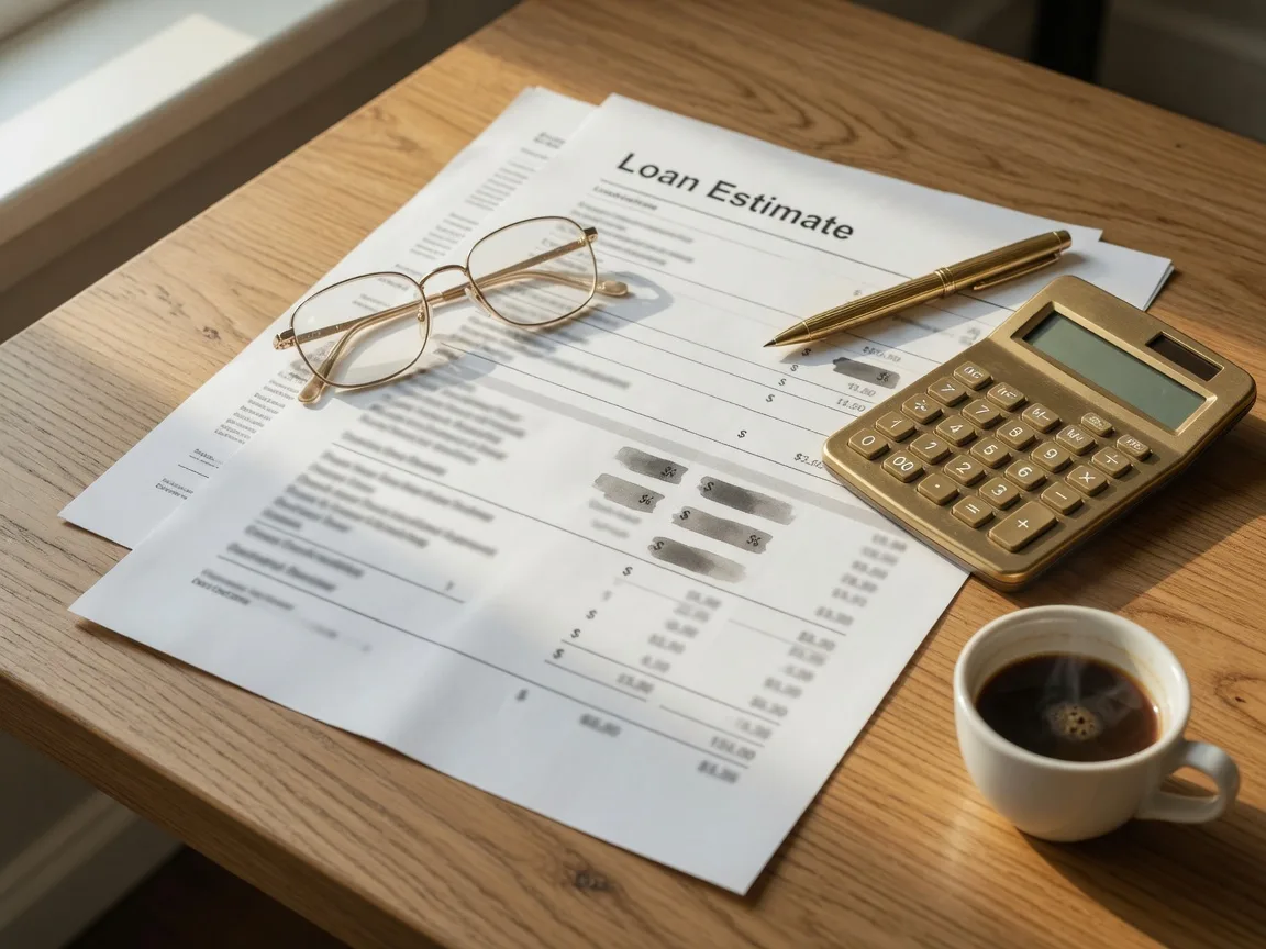 A Loan Estimate document on a warm oak desk beside a calculator, gold pen, and reading glasses, the paperwork of comparing lender costs before closing
