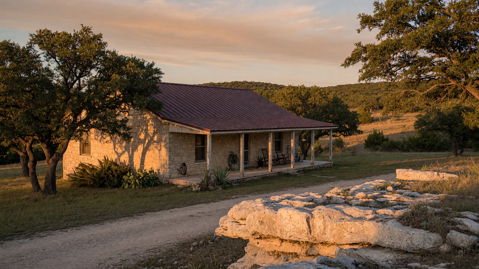 A limestone ranch-style Hill Country home near Boerne, TX with a standing-seam metal roof and wide covered porch among live oaks at golden hour, the kind of house a home inspector in Boerne TX reviews