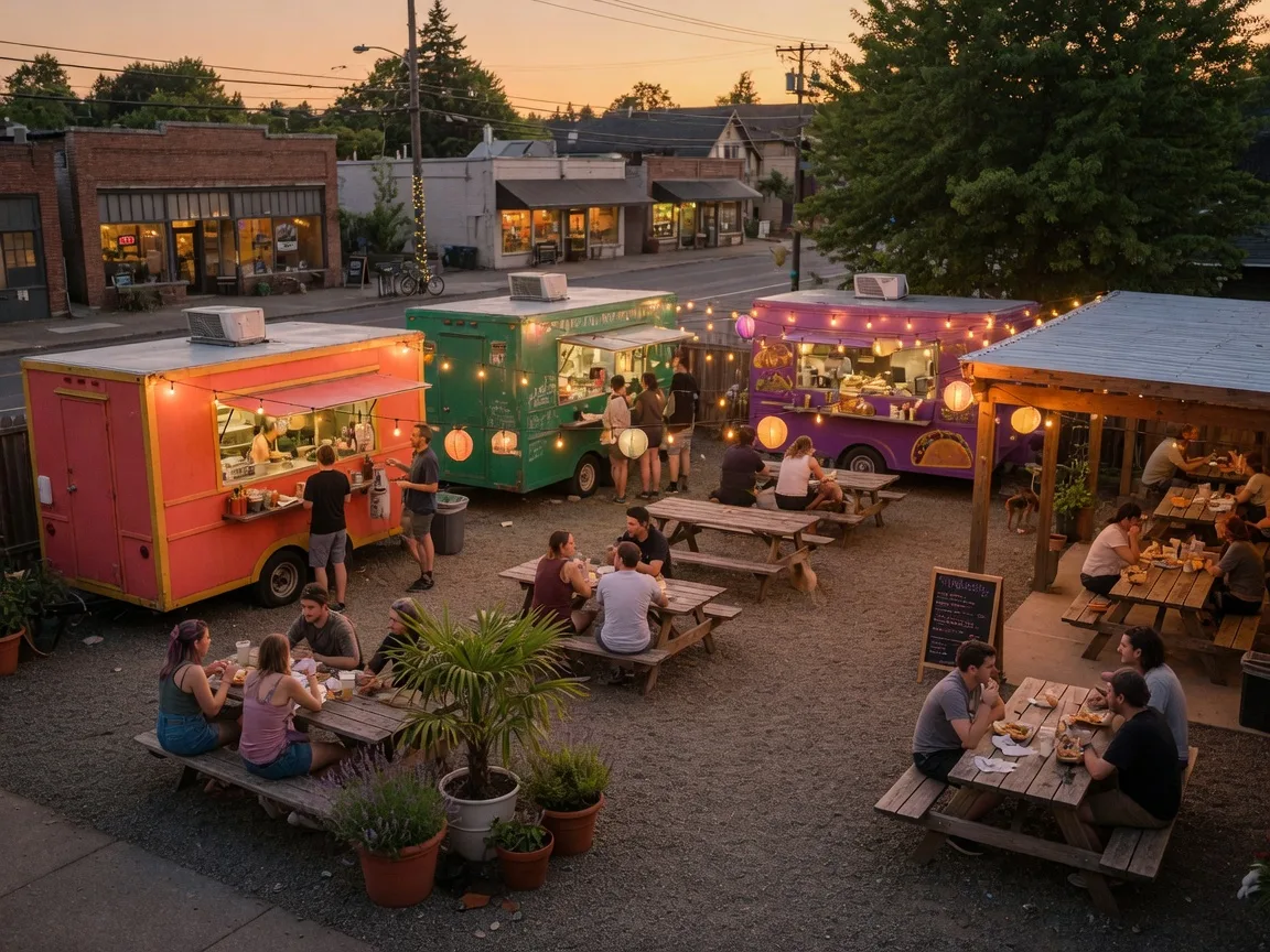 A food cart pod courtyard on a summer evening in the Division/Clinton corridor