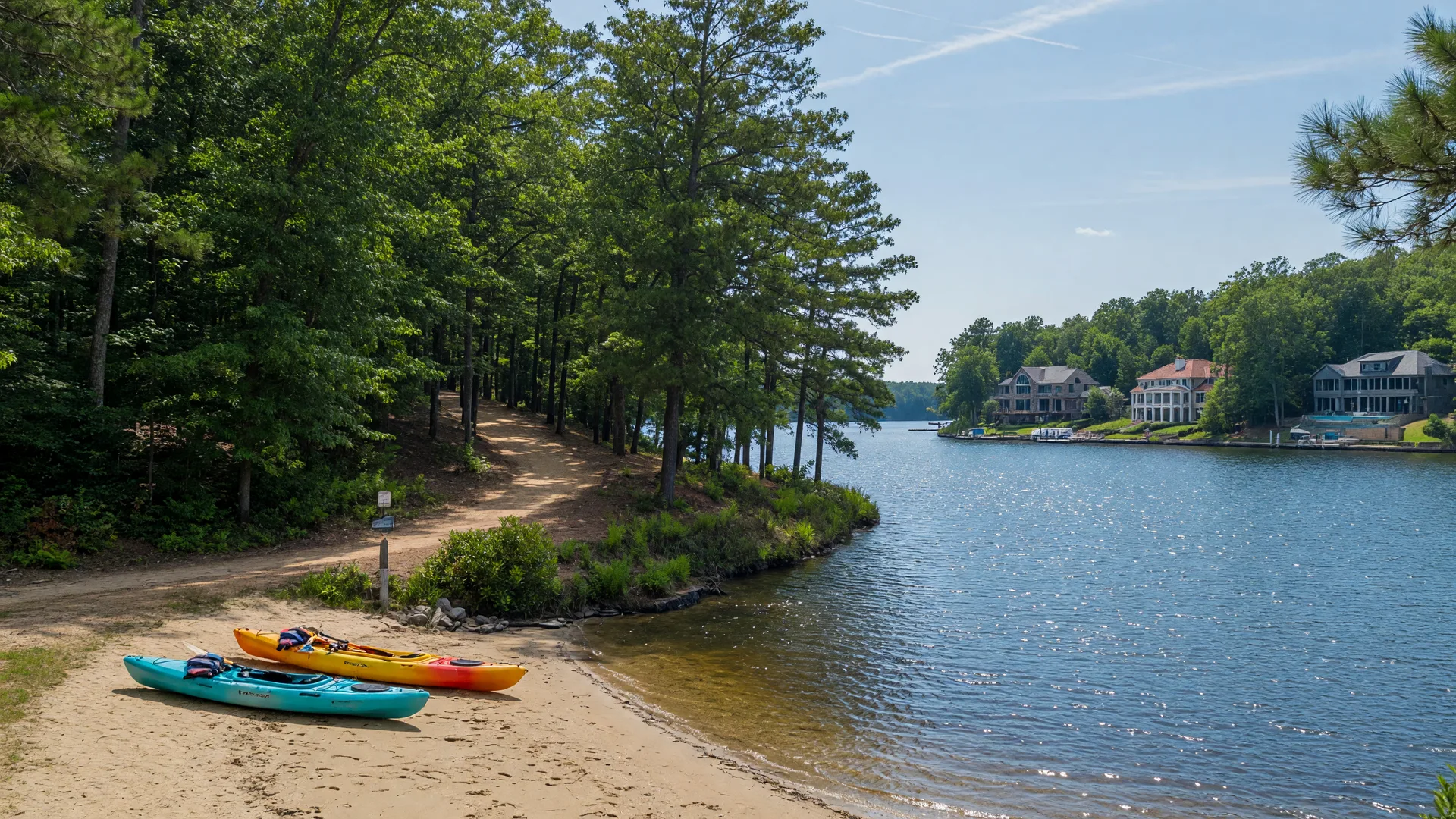 Luxury Lake Norman sunset waterfront lifestyle with homes and docks