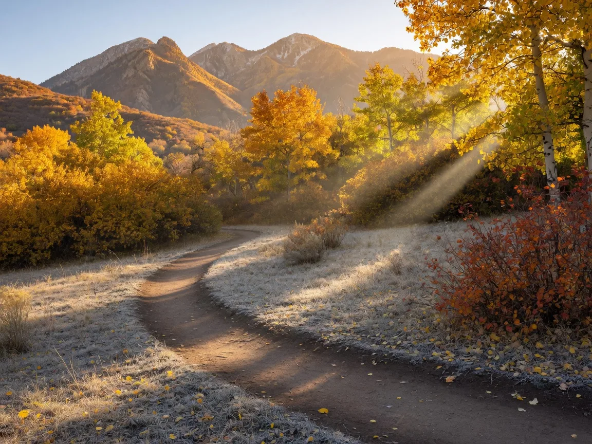 A golden singletrack mountain biking trail winding through frost-dusted autumn foothills in Draper's Corner Canyon with the Wasatch Mountains rising behind