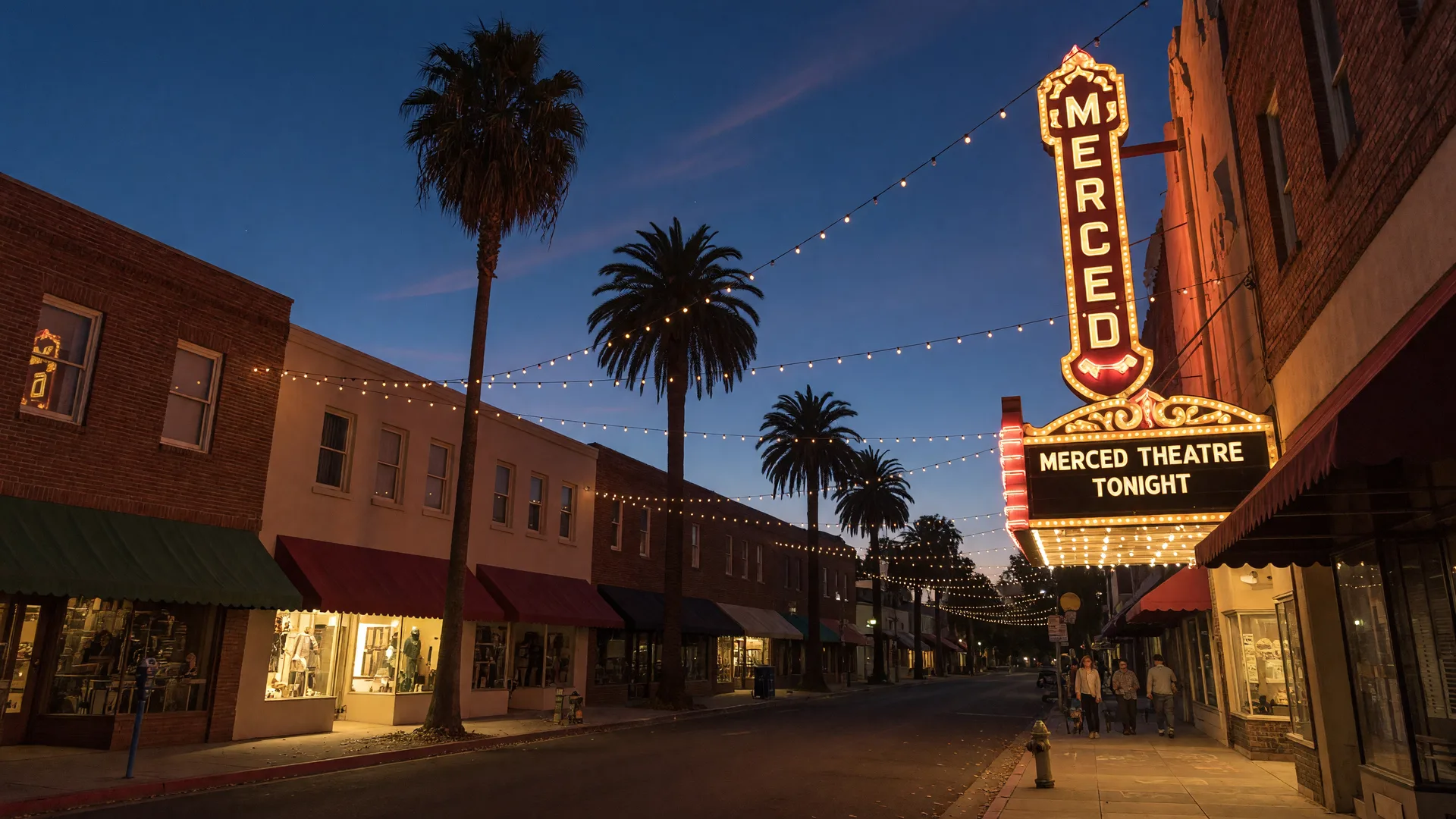 Downtown Merced Main Street on a September evening with the historic Merced Theatre marquee glowing, string lights strung across the street, brick storefronts, and palm trees silhouetted against a deep blue dusk sky