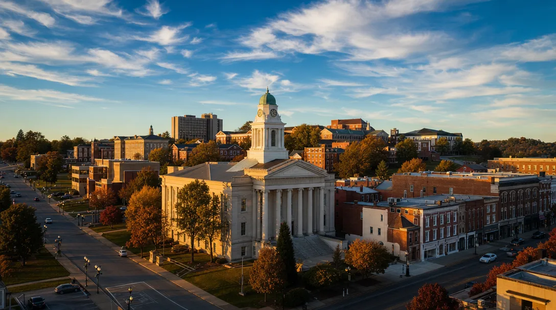 Richmond, Kentucky's historic Madison County courthouse and downtown with Eastern Kentucky University campus in the background, Bluegrass sky above