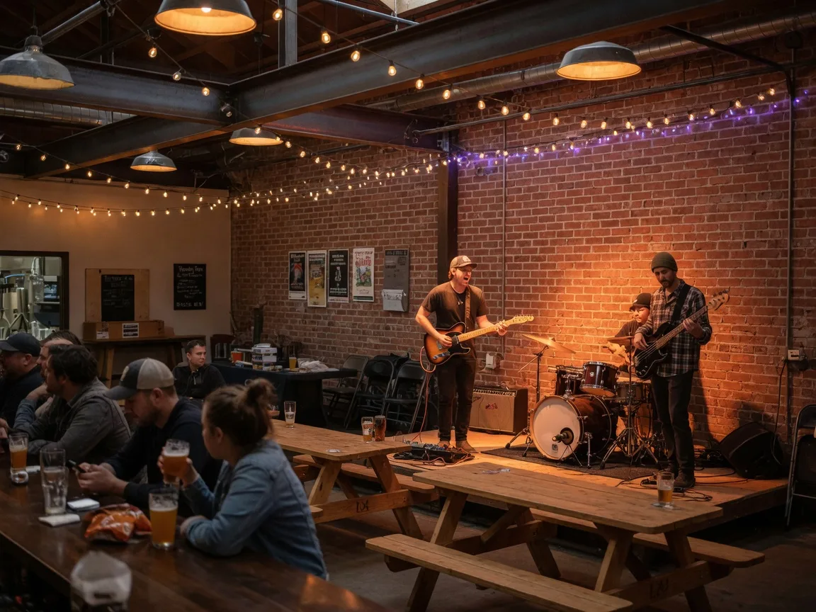 A live band performing on a small stage inside a Central Valley brewery taproom on a Thursday evening, warm pendant and string lights over guitars and a drum kit, a few blurred figures at the bar