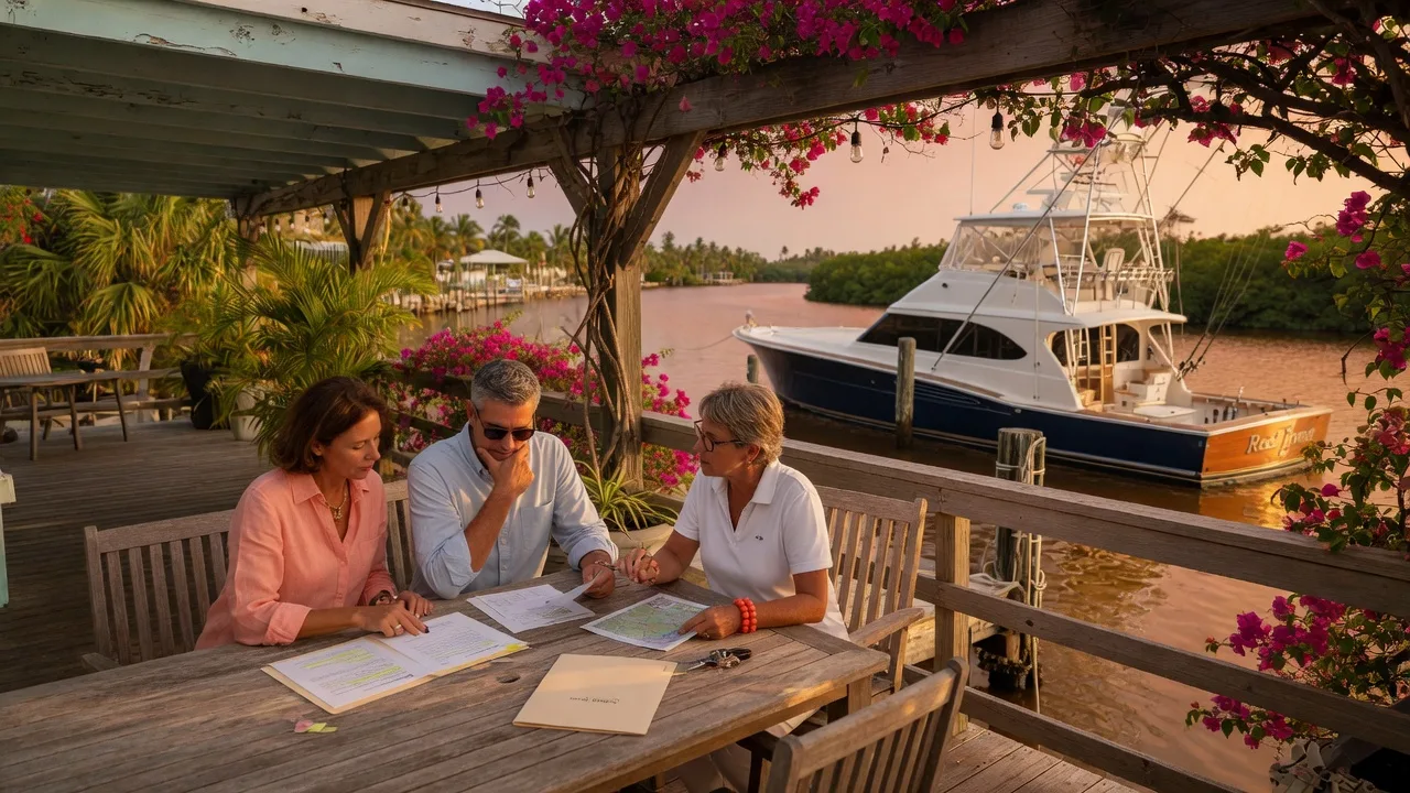 A couple and their real estate agent reviewing contract documents on a teak dock table overlooking a deep-water canal in the Florida Keys at golden hour with a sportfishing yacht moored nearby