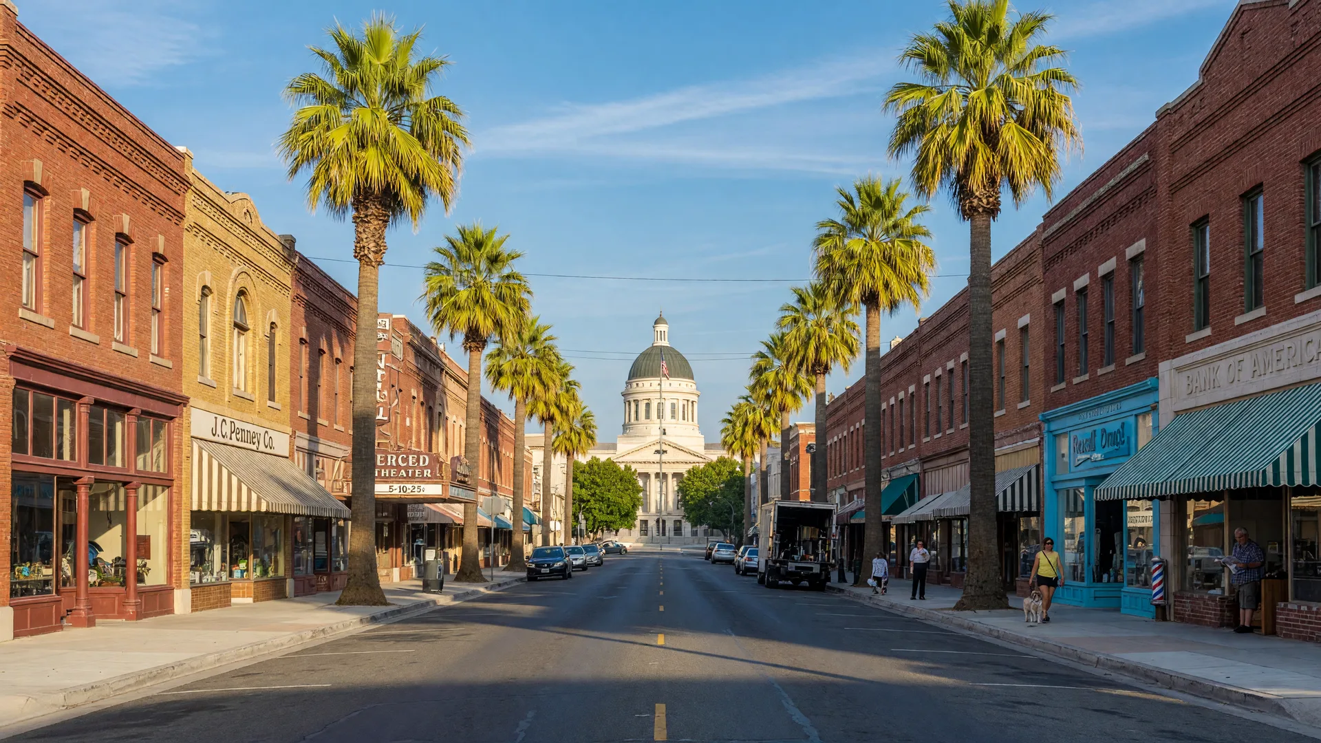 Downtown Merced Main Street on a bright summer morning with historic storefronts, palm trees, and the Merced County Courthouse dome in the distance