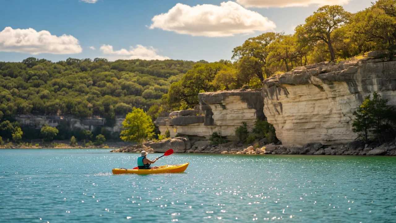 A kayaker paddling across the crystal-clear turquoise water of Canyon Lake on a bright sunny day — limestone cliffs and green hills all around