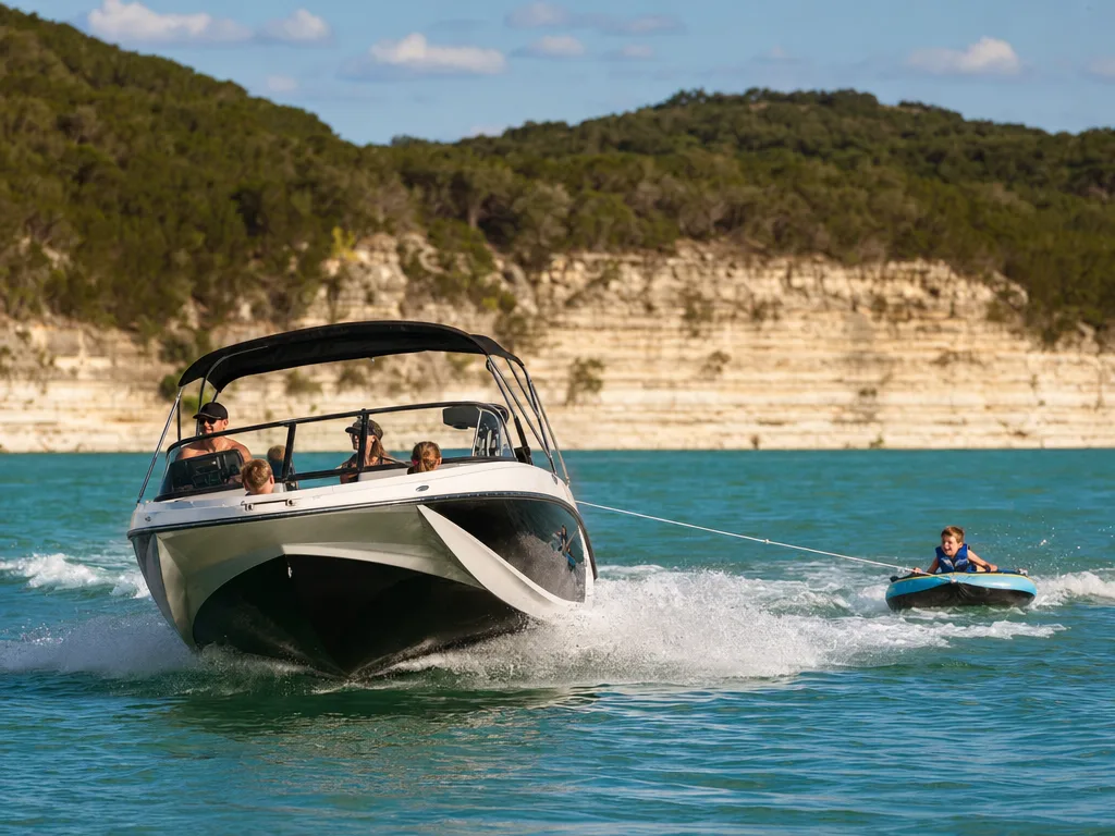 Family tubing on the turquoise waters of Canyon Lake — motorboat pulling a child on a tube, limestone cliffs, green hills, bright summer afternoon