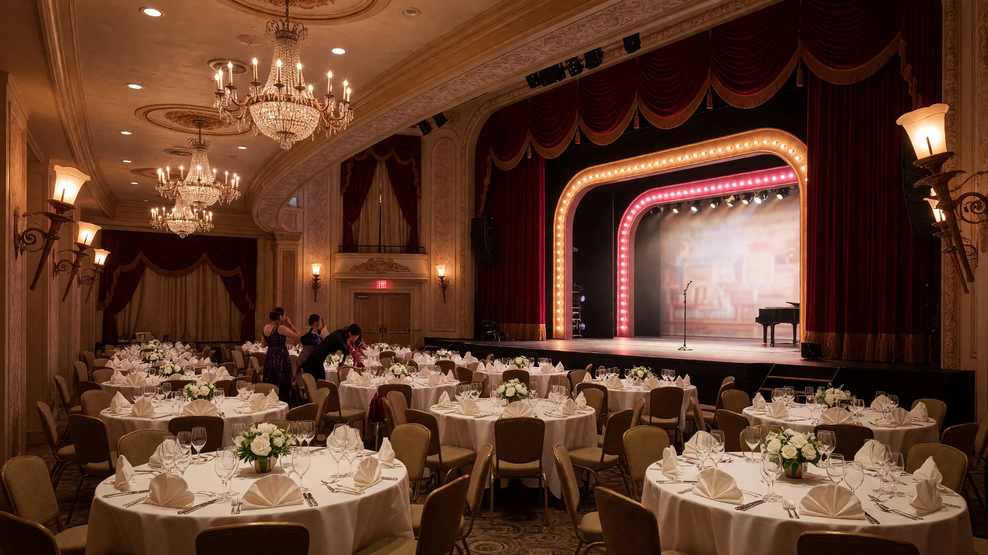 Round tables set with white linens, wine glasses and folded napkins facing a brightly lit Broadway-style stage with red velvet curtains at La Comedia Dinner Theatre in Springboro Ohio