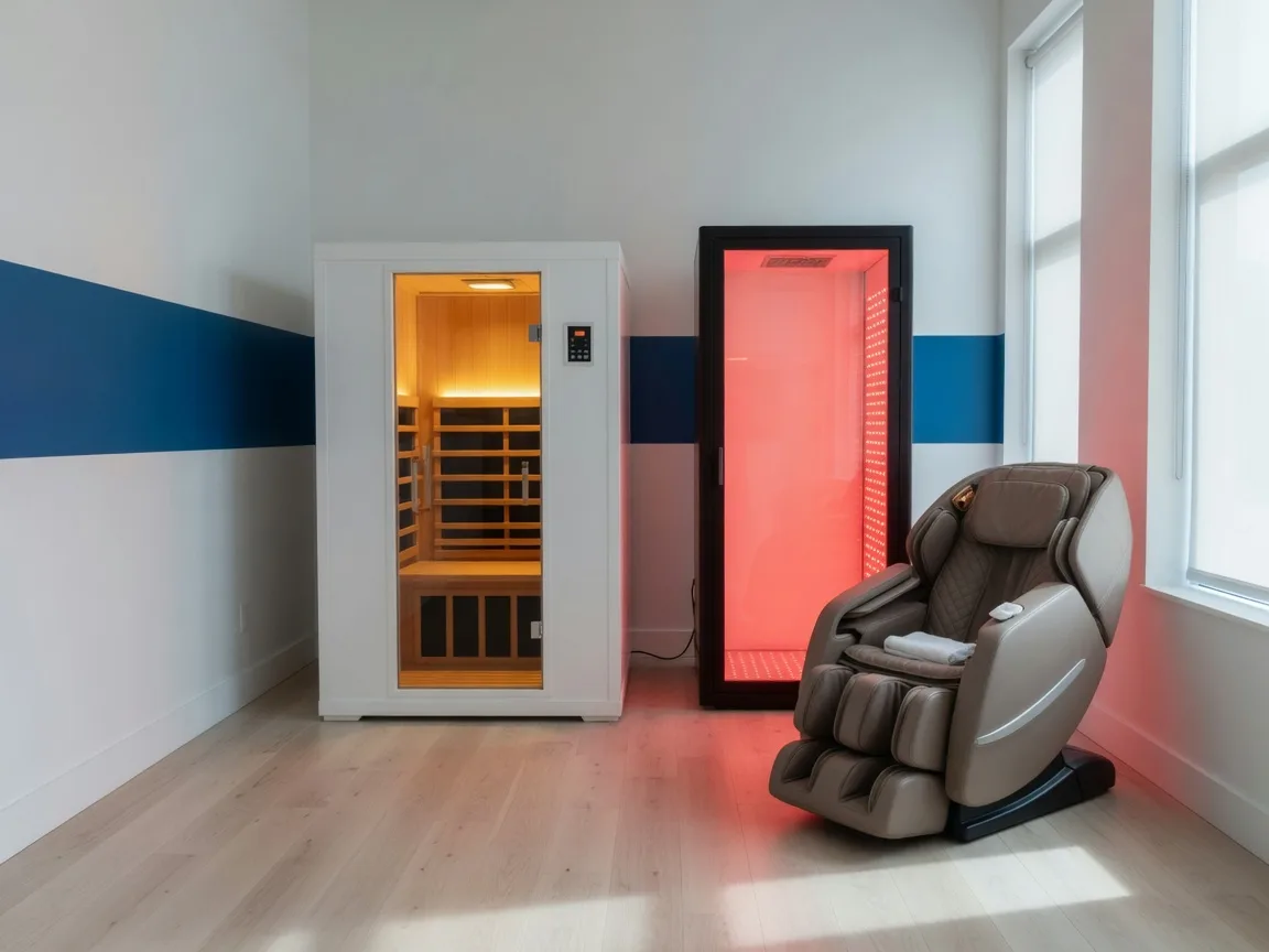 Wellness recovery corner at Ageless Fitness in Estero, Florida with a glowing infrared sauna, a red light therapy booth, and a massage chair in a bright studio