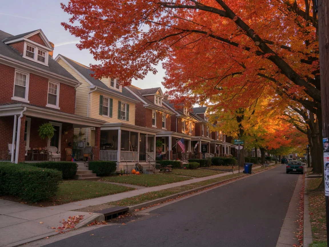 Tree-lined residential street in the Clarendon area of Arlington, Virginia in mid-autumn with 1930s brick and frame homes under red and orange maples, golden-hour light filtering through the canopy