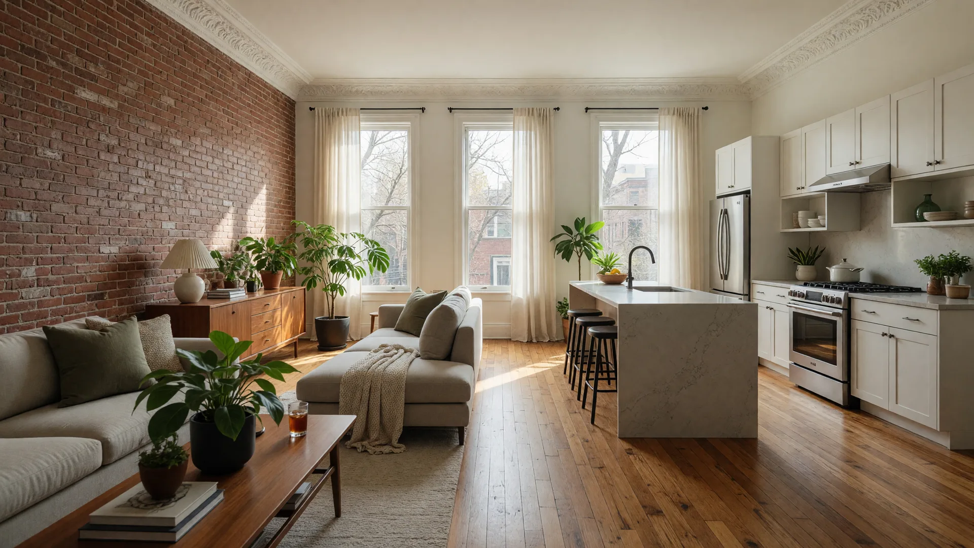 Modern condo interior in Powelton Village with exposed brick and updated kitchen