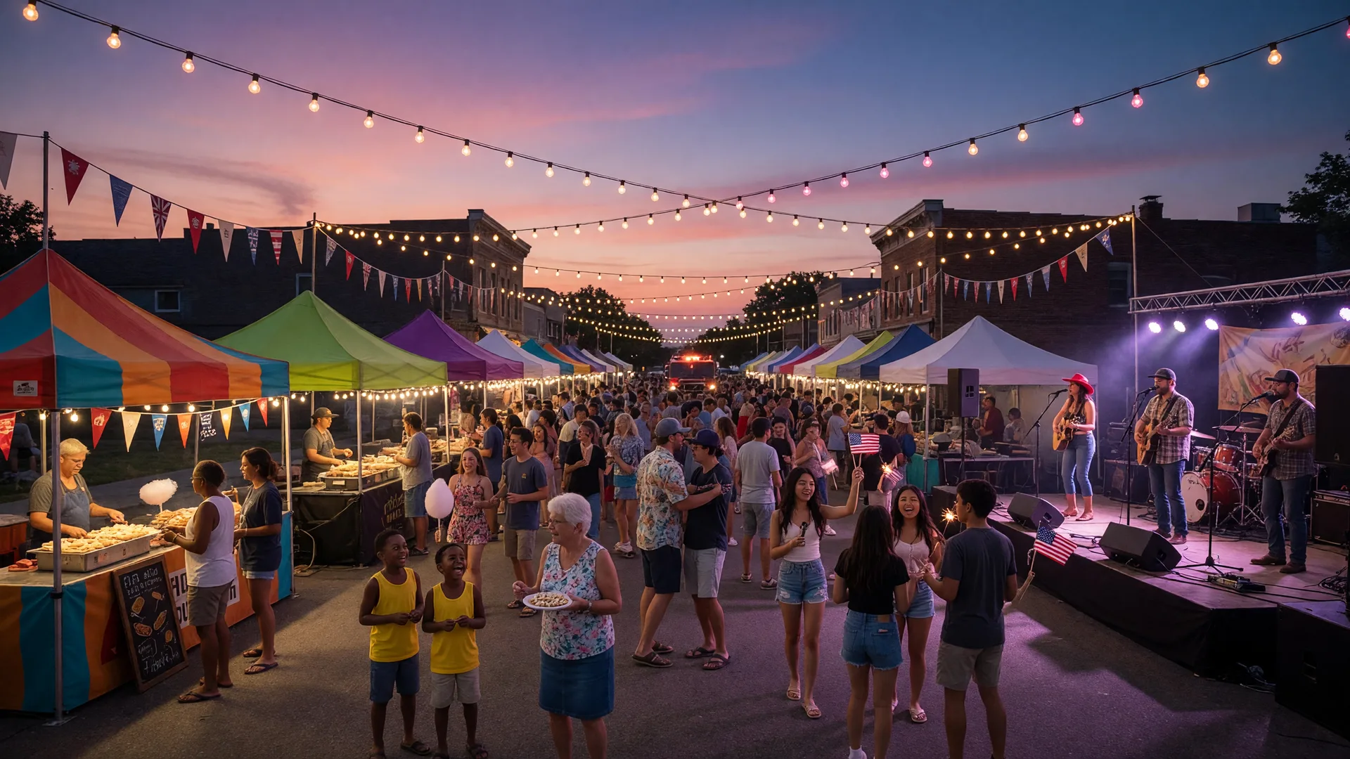 Community festival with string lights and crowds enjoying a summer evening event