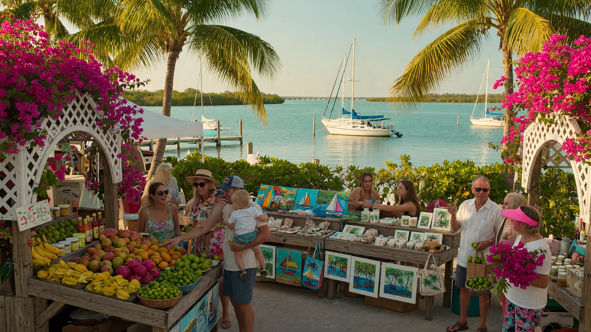 Vibrant Florida Keys community farmers market with wooden stalls, fresh tropical fruits, local art, families socializing under warm golden light with palm trees and bougainvillea