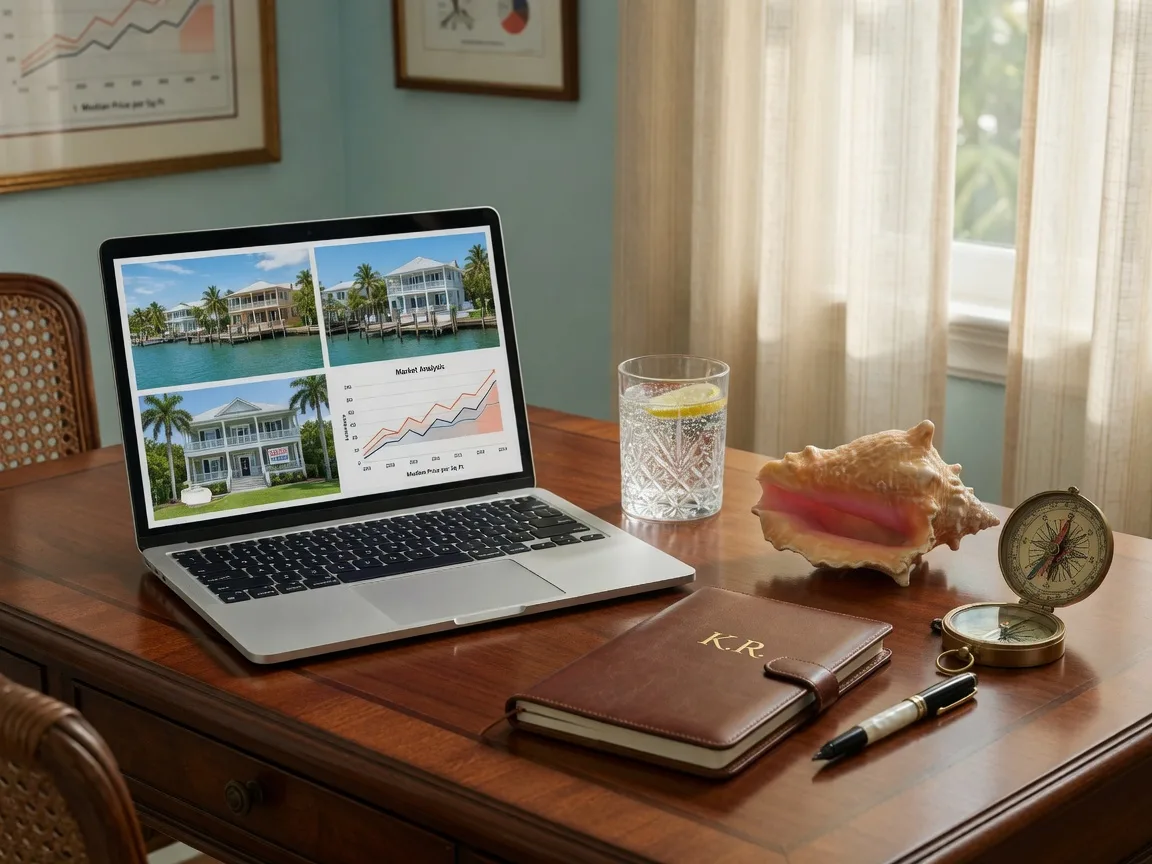 Luxury real estate investment portfolio review on a mahogany desk with a laptop showing waterfront property listings, market analysis charts, a leather notebook, and decorative compass in warm soft light